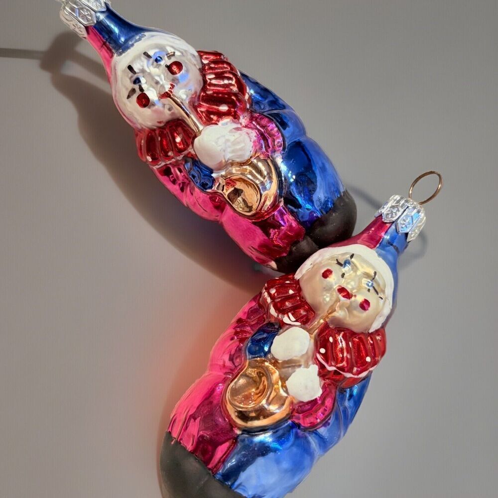 Vintage Polish Blown Glass 2 Set Clown Band Christmas Tree Ornaments Poland OR54